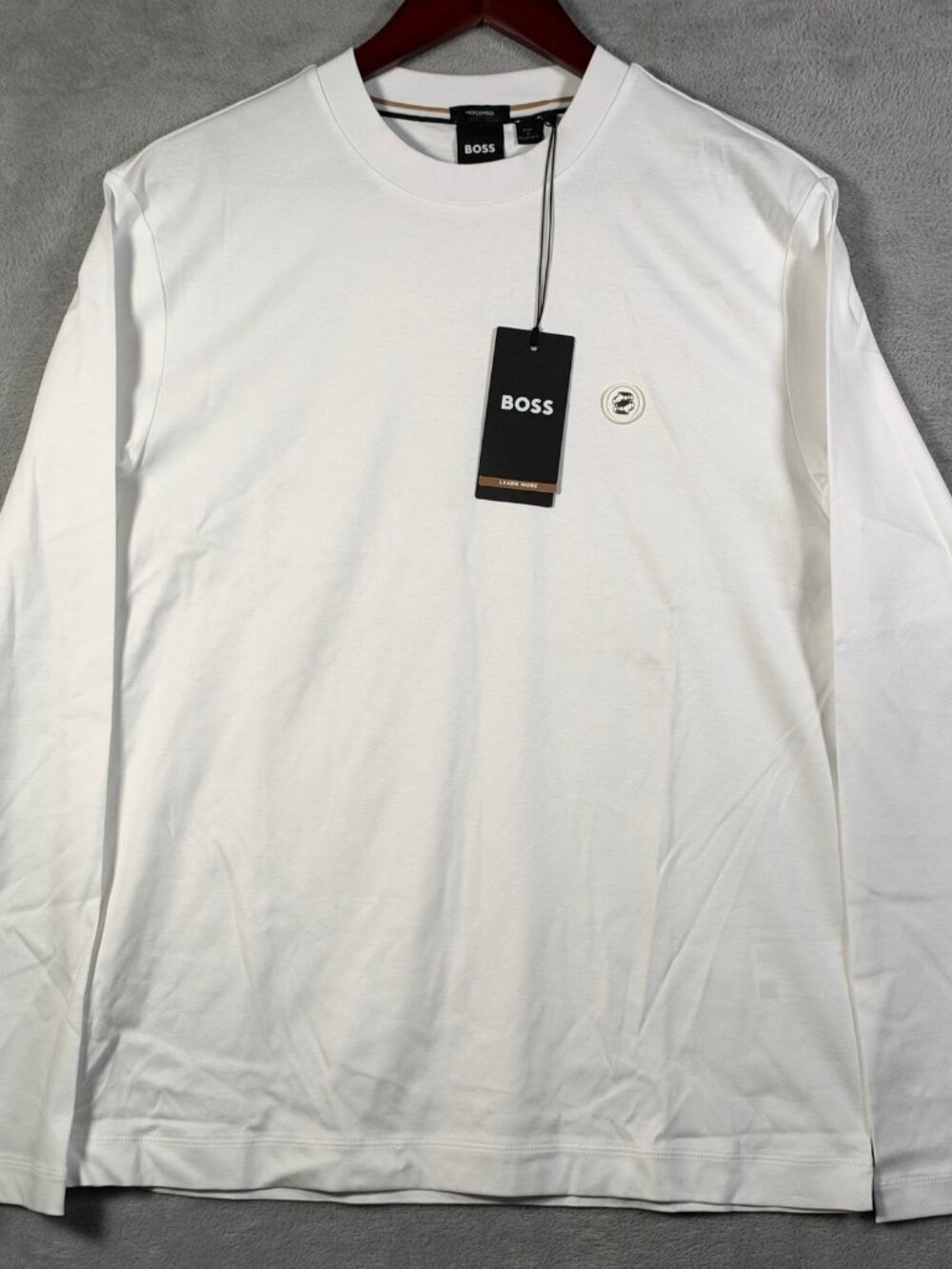 Hugo BOSS Long Sleeve T Shirt Mens S White Mercerised C-Townley Badge $149